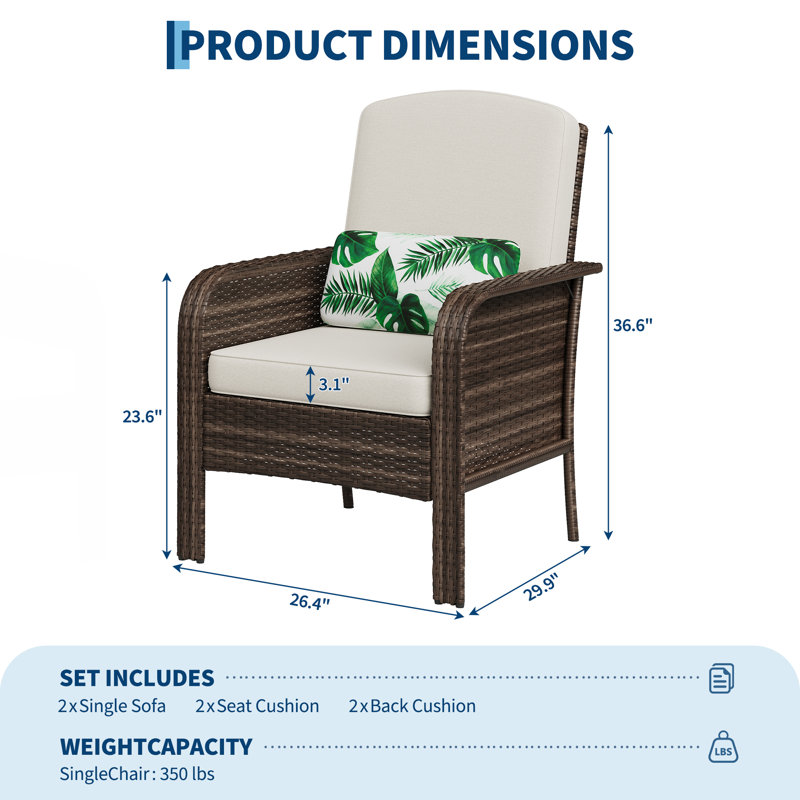 2-Piece Outdoor Patio Furniture Set, All-Weather Rattan Chairs with Thick Cushions, High Back Wicker Lounge Chairs for Porch, Deck, Garden, Poolside & Backyard (Gray/Blue)