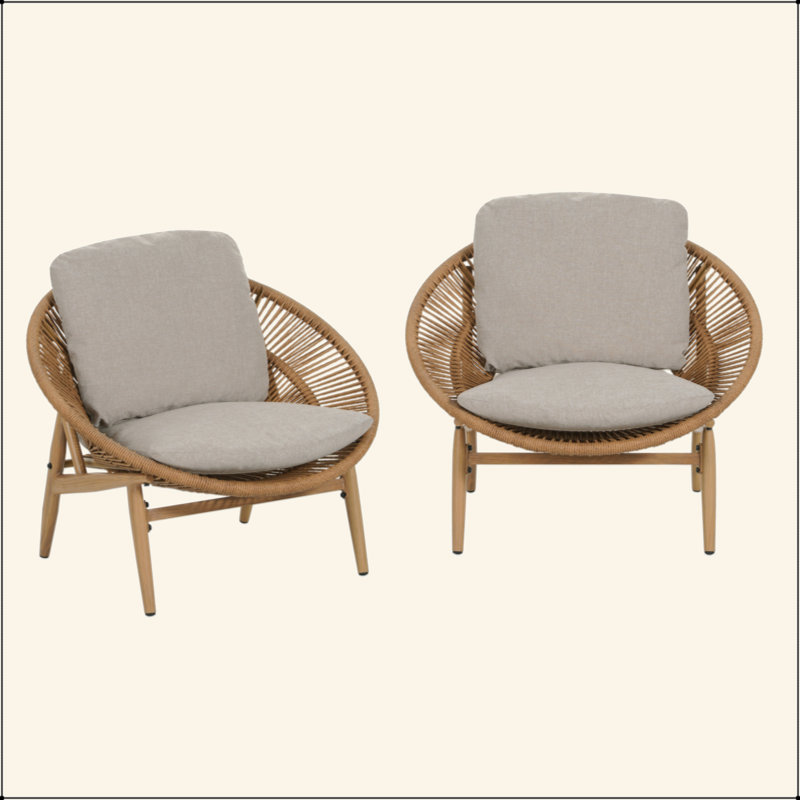 Chaise longue d'extérieur en osier de style papasan, osier avec coussin, 2, Gris / Brun clair