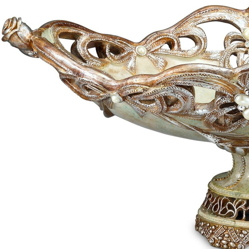 Handcrafted Beige and Gold Resin Decorative Bowl with Faux Pearls and Diamonds