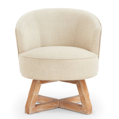 Classic Style Beige Swivel Chair With Solid Wood Legs And Foam Filling Linen 360° Movement Stable Base