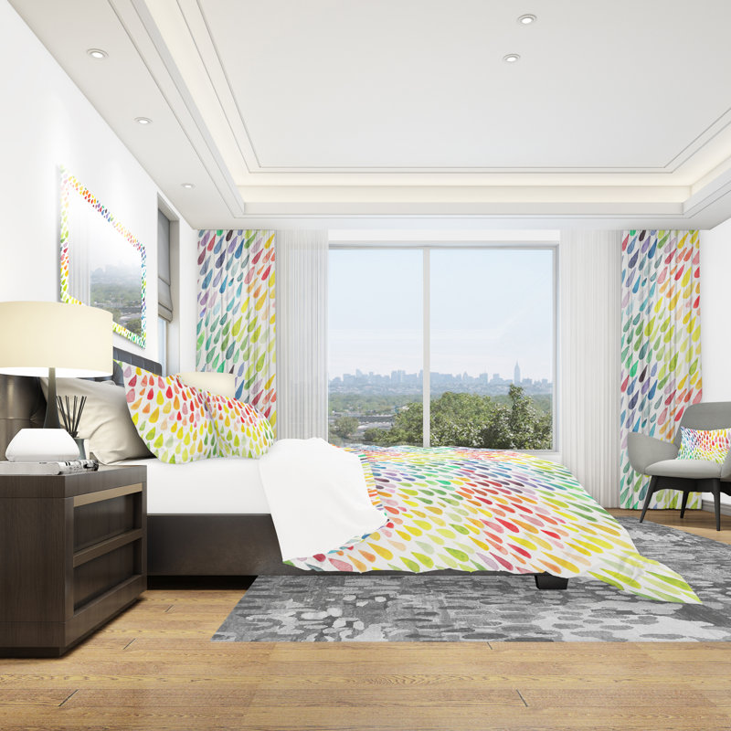 Twin Multicolor Watercolor Drops Microfiber Duvet Cover Set
