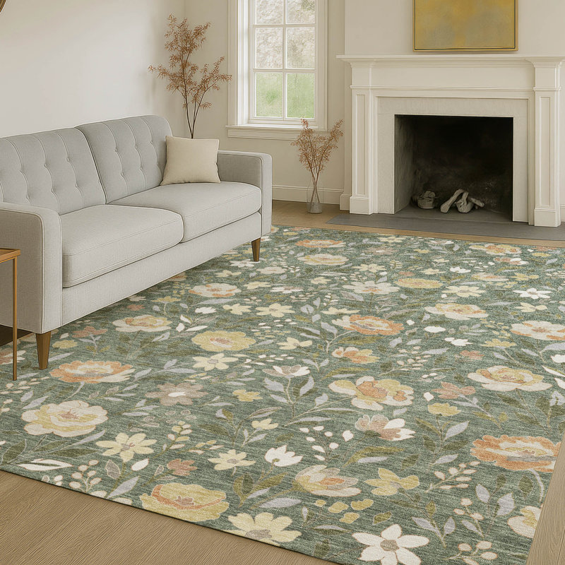 Machine Washable Indoor/Outdoor Chantille ACN2438 Floral Rug, Basil, 5' x 7'6"