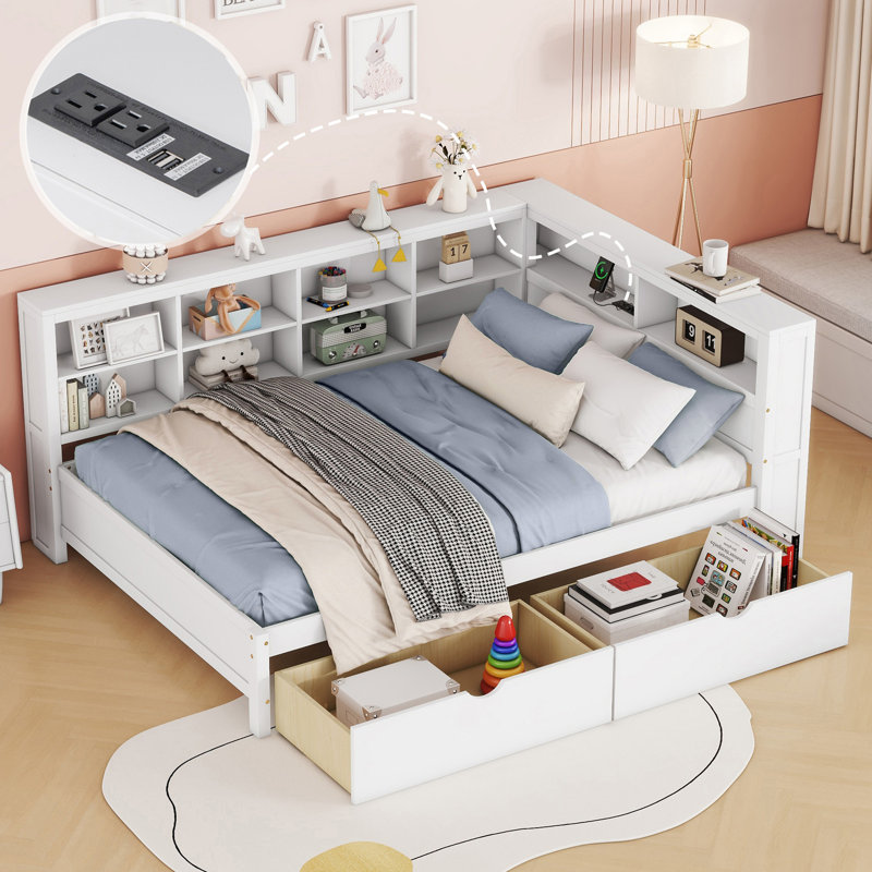 Lit de jour en bois avec 2 tiroirs, Complet/Double, Blanc