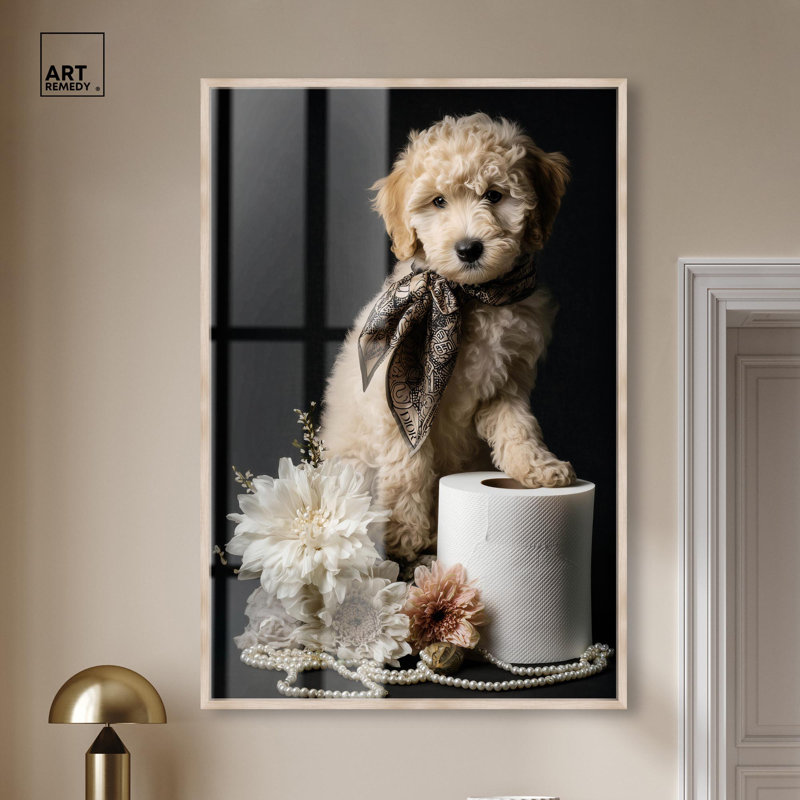 Art de salle de bain Goldendoodle, H 55 po x l 37 po, Cadre blond