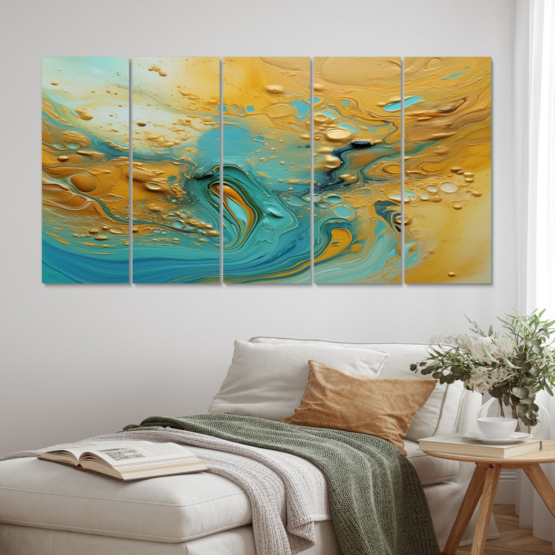Golden Ocean Waves Turquoise Abstract VI - Art mural abstrait, salon - 5 panneaux égaux