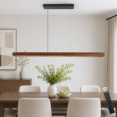 Luminaire suspendu linéaire en bois massif à 1 lumière à DEL à intensité variable avec télécommande 50 po