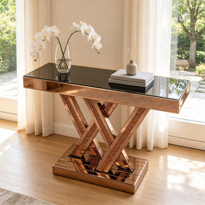 Brown mirrored glass entryway table featuring crushed diamond inlay and a luxurious finish; suitable for use as a decorative sofa table in the living room.