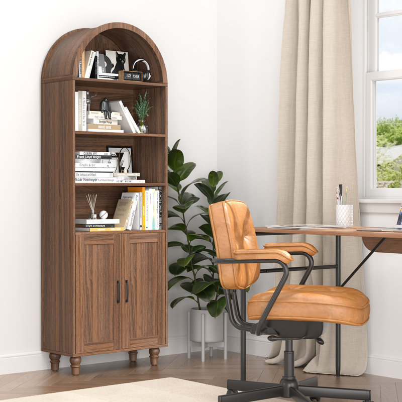 Storage Bookcase, Arched Bookcase With Doors, Wood Bookshelf For Bedroom, Study, Living Room, Walnut, 1