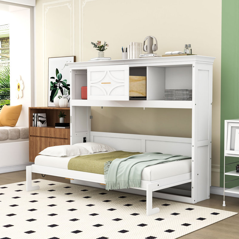 Lit escamotable 1 place en bois avec station de charge et tablettes, Blanc