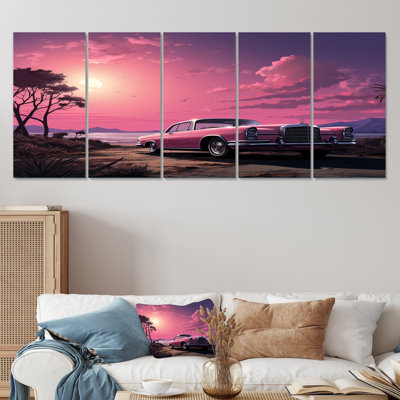 Pink Cadillac On The Beach At Sunset II - Car Old American 5 Piece Wall Art Set