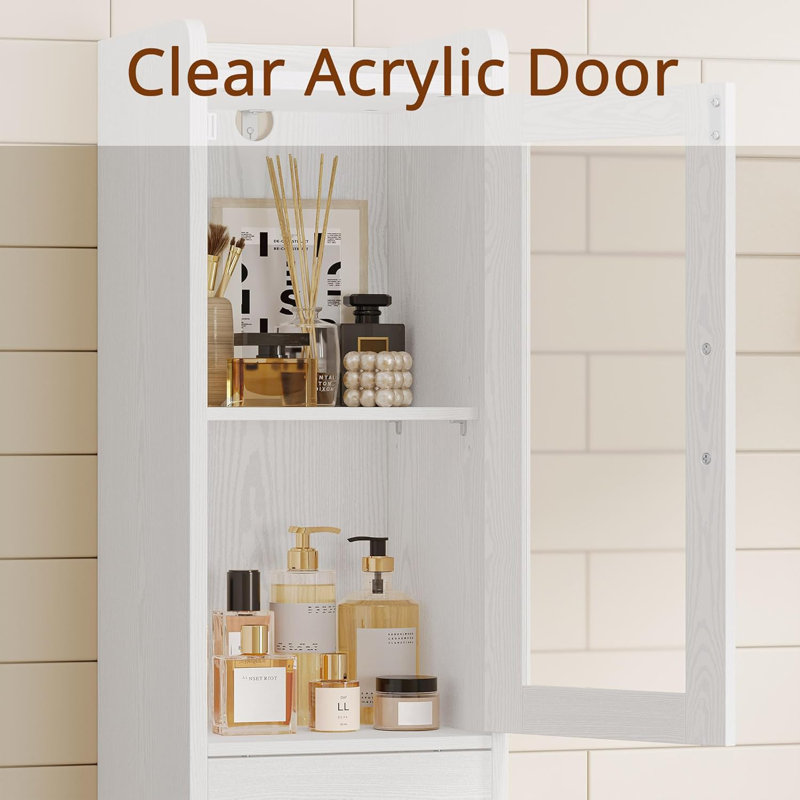 Tall Bathroom Cabinet with Drawer and Door, 71" H Slim Freestanding Narrow Storage Cabinet with Adjustable Shelves, Retractable Toilet Paper Rod, for Small Spaces, 11.8" W White