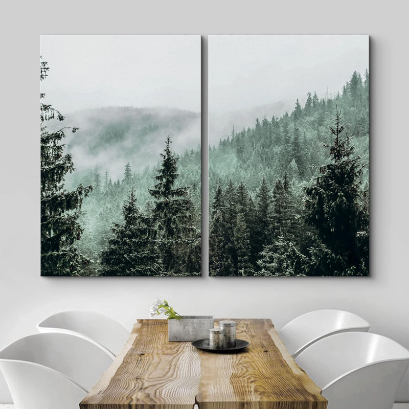 Vue aérienne de paysage de brume verte, forêt, paysage naturel, impression sur toile, 2 pièces, Toile tendue