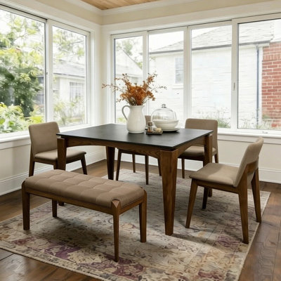 Lartis Solid Ash Wood 6-Piece Dining Set with Sintered Stone Tabletop, Rectangular Kitchen Table with 4 Chairs + 1 Bench, Linen Upholstery for Dining Room