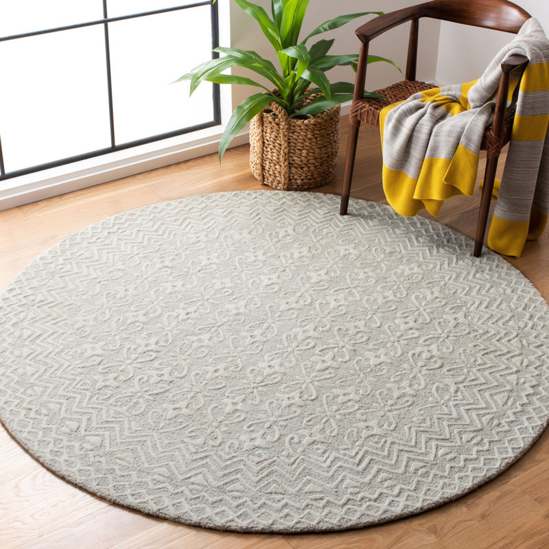 Jahiem Geometric Handmade Tufted Wool Gray/Ivory Area Rug, Round 8'