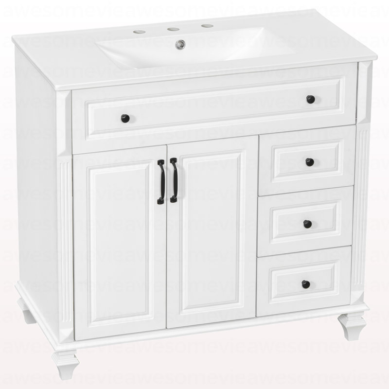 Meuble-lavabo de 36 po avec lavabo, armoire de salle de bain en bois massif blanc avec tiroir rabattable, 3 tiroirs et 2 portes, conception élégante avec poignées en métal noir, meuble-lavabo moderne en bois aggloméré pour le rangement de la salle de bain