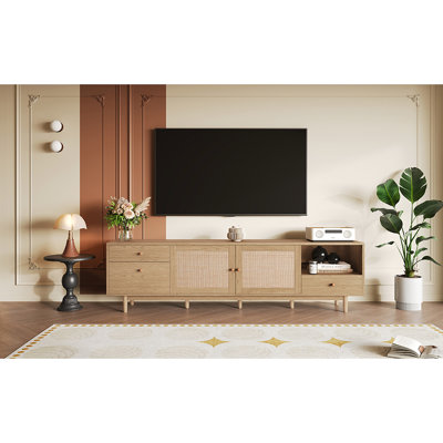 - Meuble télé style pour téléviseurs de 65 à 85 pouces, bois naturel et tiroirs coulissants lisses Support de meuble d'inspiration bohémienne 70 79 avec rangement ouvert