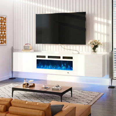Meuble télé flottant pour téléviseur de 80 po ou moins de 90 po, console multimédia murale avec lumières DEL