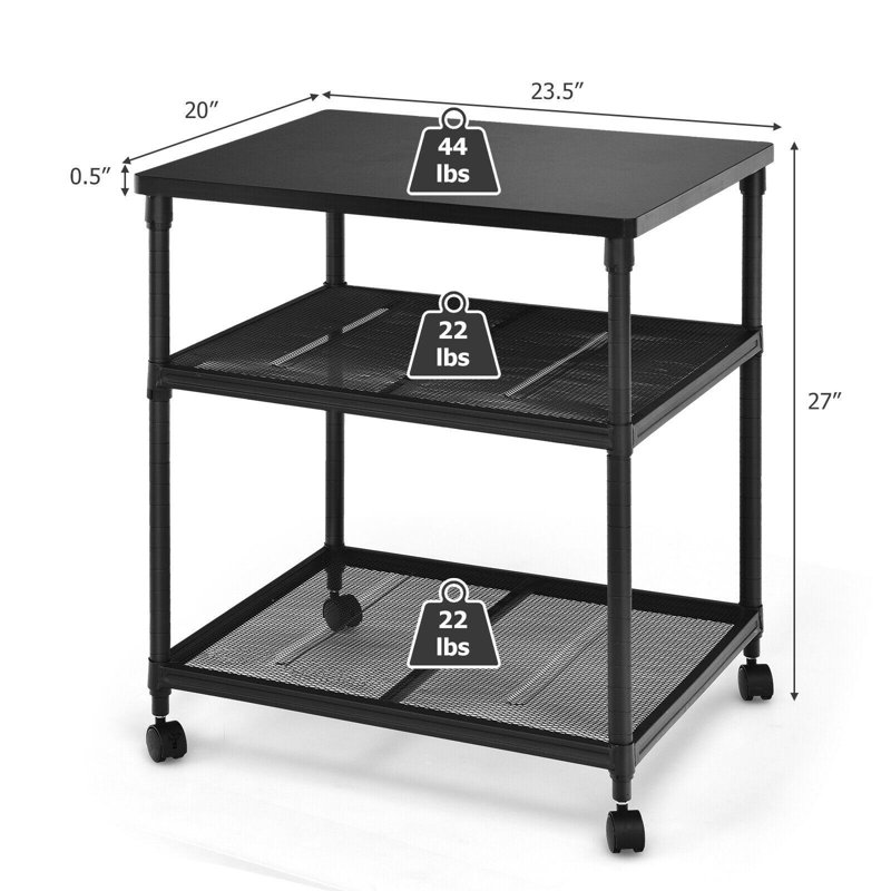 Chariot à roulettes à 3 niveaux avec tablette réglable et roulettes pivotantes