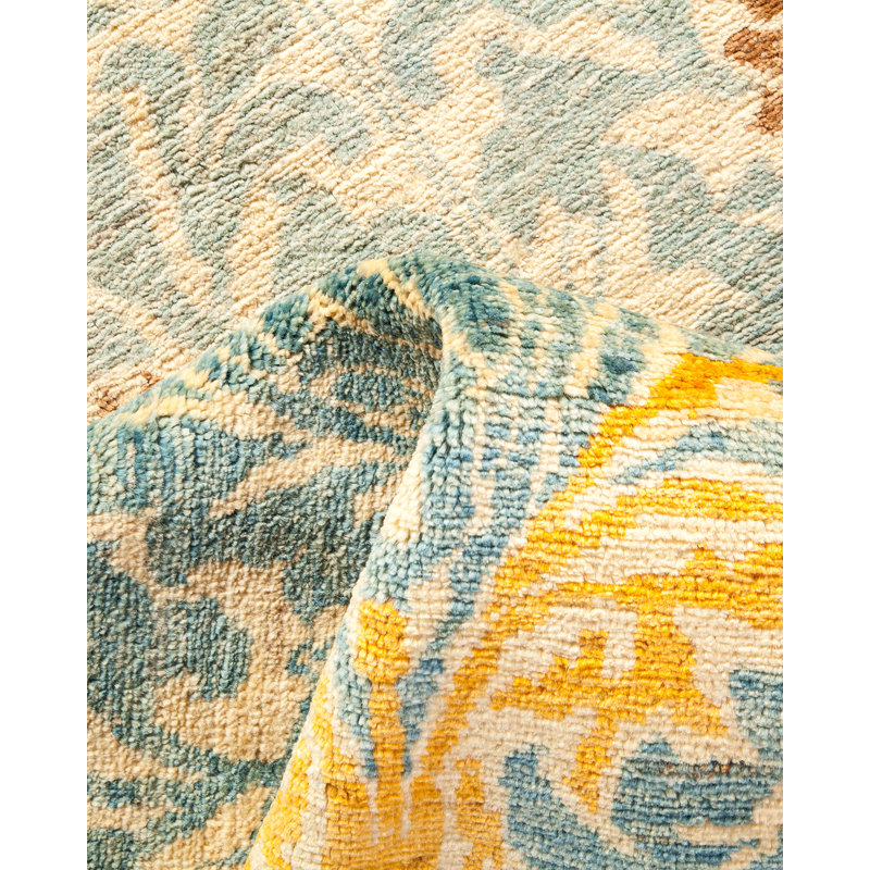 Ivory and Blue Hand-Knotted Wool Damask Area Rug