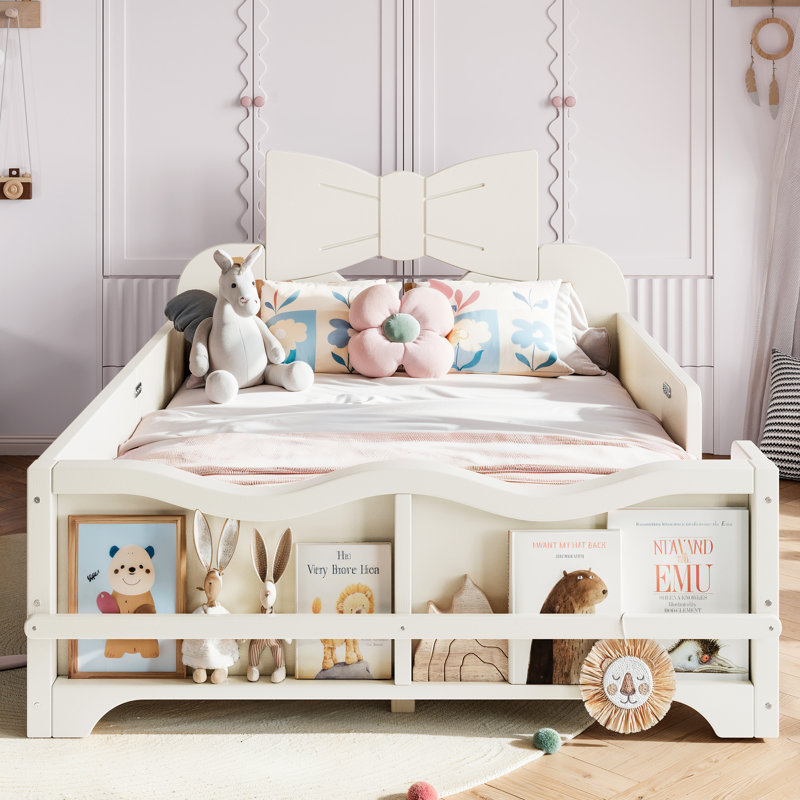 Base de lit plateforme simple en bois avec tête de lit et bibliothèque Bowknot, base de garde-corps à profil bas, beige, Twin