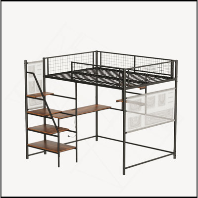 Full Size Loft Metal Bed With Black For Bedroom And Dormitory, With Built-In Charging Station And LED Lighting