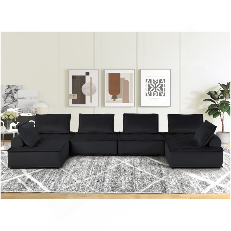 Canapé modulaire en U en velours noir à 160 places Anna, Noir