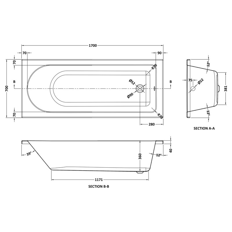 Barmby x Soaking Acrylic Bathtub, 170cm x 70cm