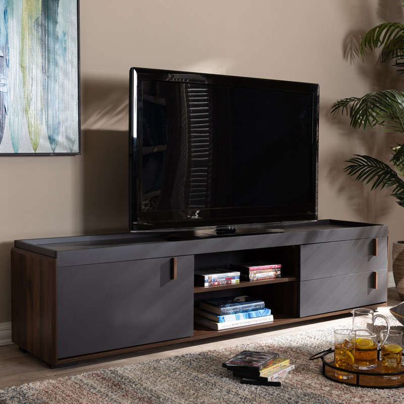 Meuble télé Ashling avec 2 tiroirs et 3 tablettes au fini gris / noyer, H 16,95 po x l 70,75 po x P 15,55 po