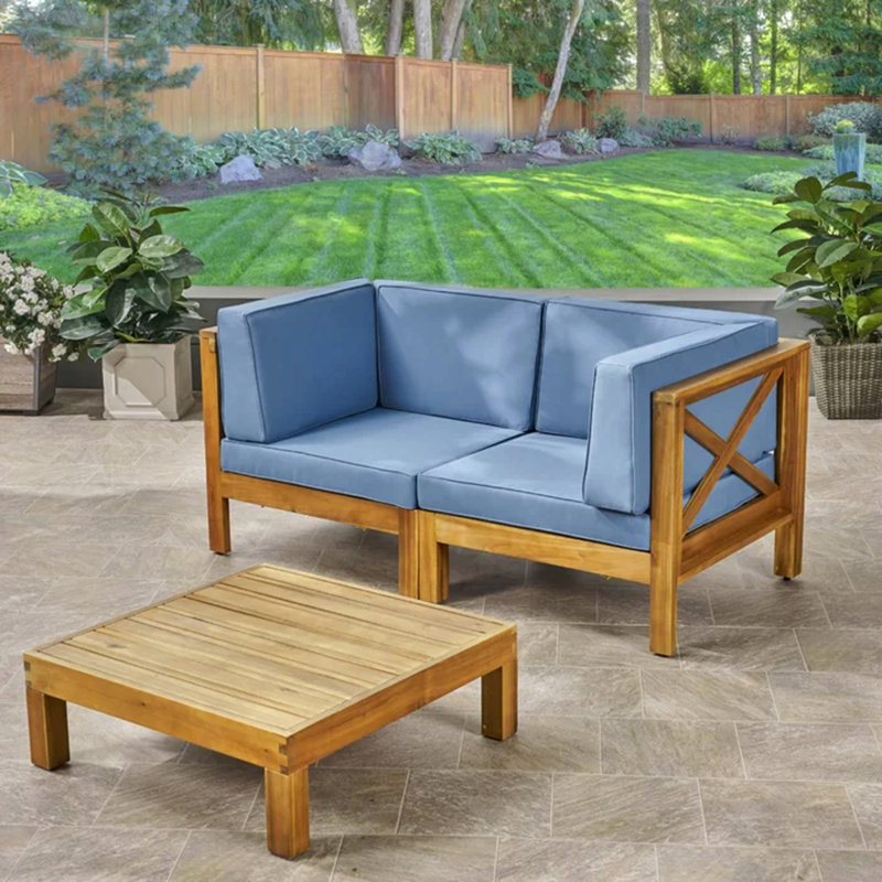X-BACK - 2 SEATER SECTIONAL LOVESEAT WITH COFFEE TABLE, Blue Cushion/Teak Frame