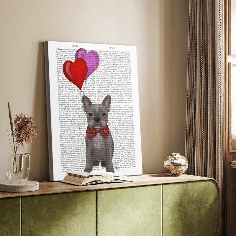 Bouledogue français et ballons - galerie Cavas sur mesure, H 48 po x l 32 po
