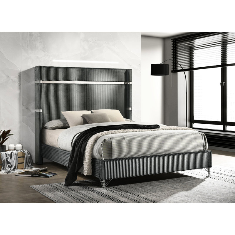 Queen Bed With Wingback, Grey Upholstery, Trim And Refined Bedroom Ambiance Design Upholstered In Grey, - Accented For Modern Decor
