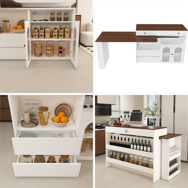 Kitchen Island With Extendable Rotating Tabletop, Expandable Dining Station For 2-4 People, Storage Island With 4 Drawers, Glass Door Cabinet, And Built-In Electrical Outlet