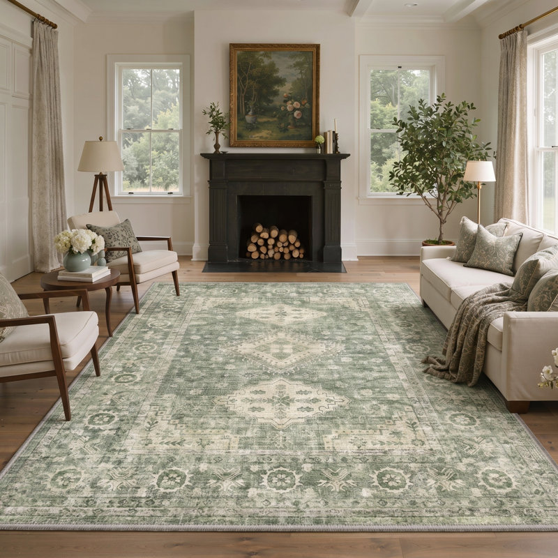 Tapis d'intérieur antidérapant Alanny, Vert, Rectangulaire 8 pi x 10 pi