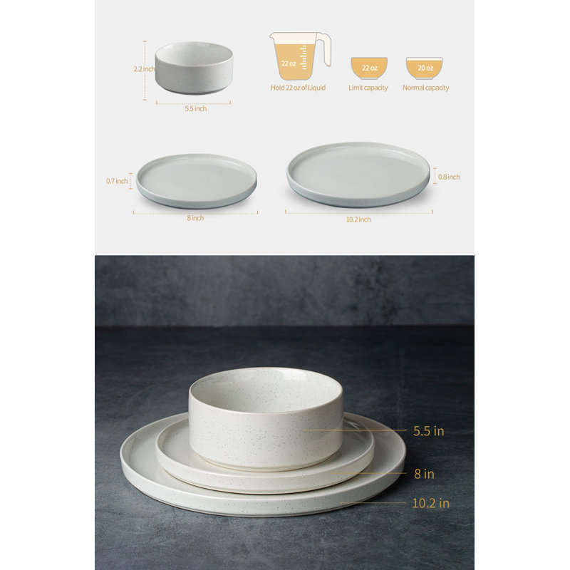 Service de table 24 pièces, service de vaisselle en grès (ensemble de 8), White