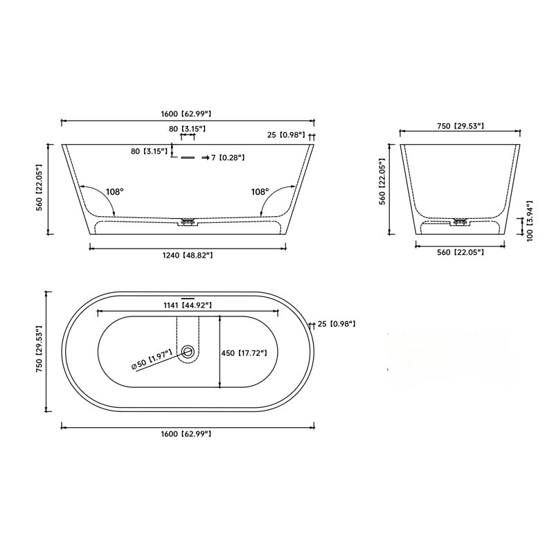 63" x 30" Freestanding Tub Solid Surface Soaking Bathtub, White