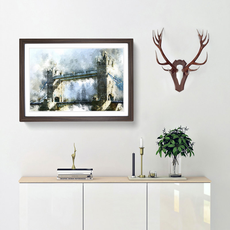 Tower Bridge in London in Abstract - Picture Frame Painting Print, 36cm H x 48cm W x 2cm D, Walnut Framed
