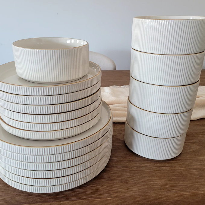 Azal Stoneware Dinnerware Sets, 18 Piece Dish Set - Vanilla White