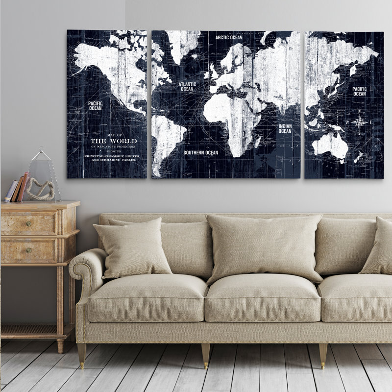 Arkadiusz Old World Map - Reproduction d'art graphique sur toile tendue à pièces multiples, H 40 po x l 80 po x P 1,5 po