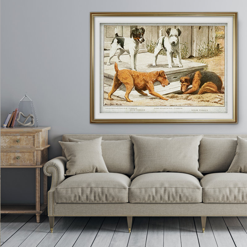 « canin sketch xxi », impression, Cadre doré, H 31 po x l 43 po x P 1,5 po, Blanc mat