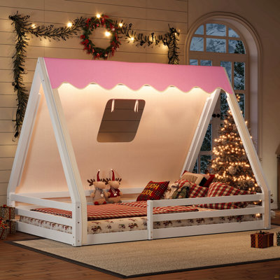 Full Size House Floor Bed With Tent And Light, Solid Wood Floor Bed With Full-Length Guardrails