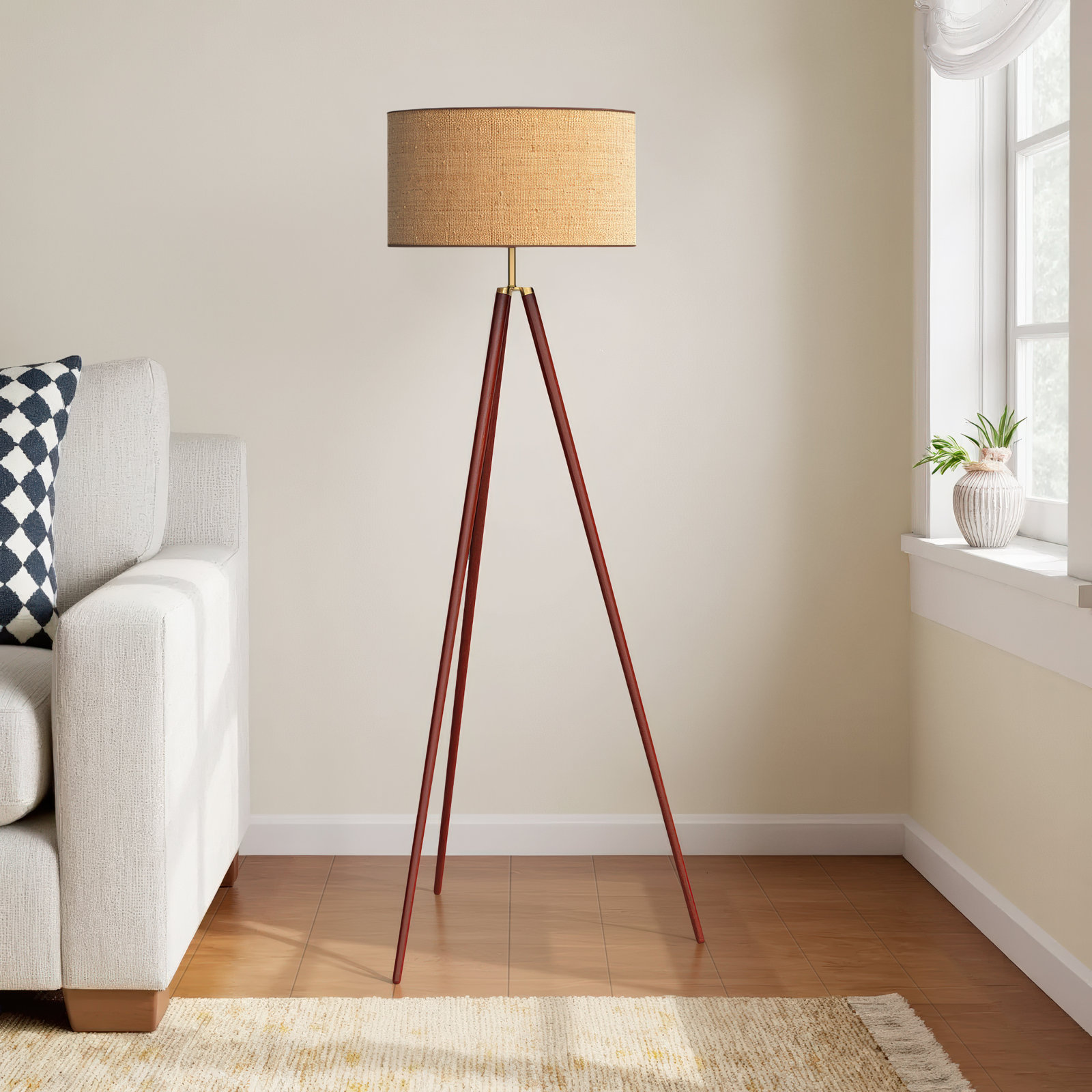 Kisa 60.5'' Dimmable Floor Lamp, Walnut Wood w. Antique Brass Accents, Woven Natural Rattan Shade w. Beige Trim