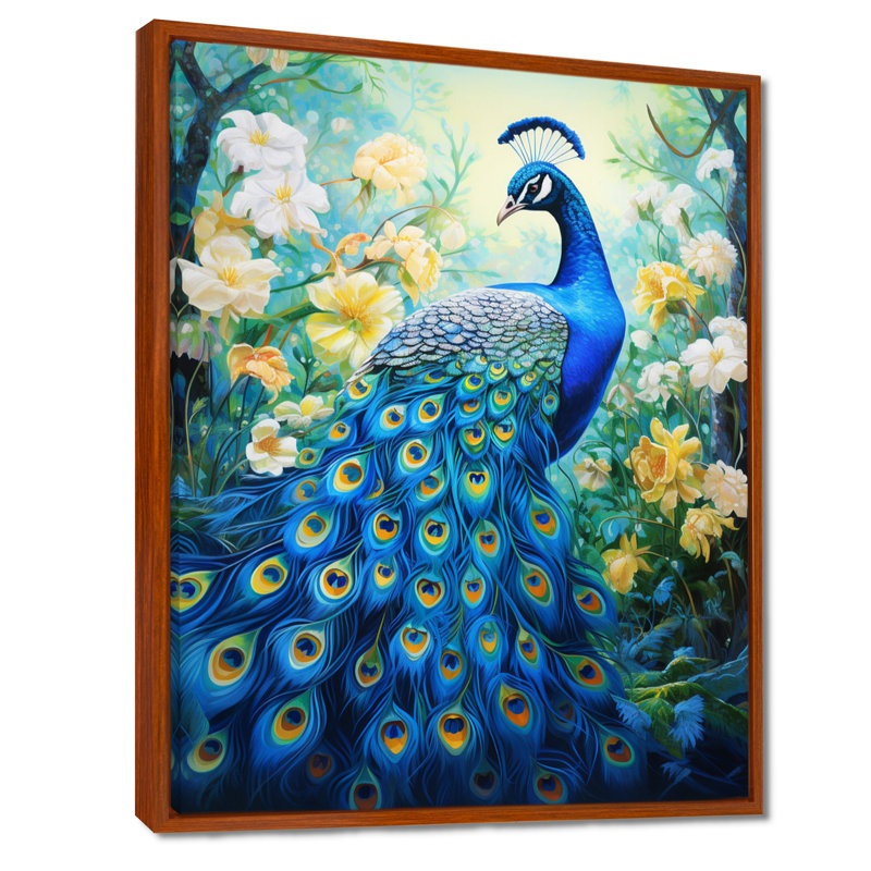 Yunick bleu sarcelle symboliste - art mural paon pour le salon, H 44 po x l 34 po, Cadre flottant brun