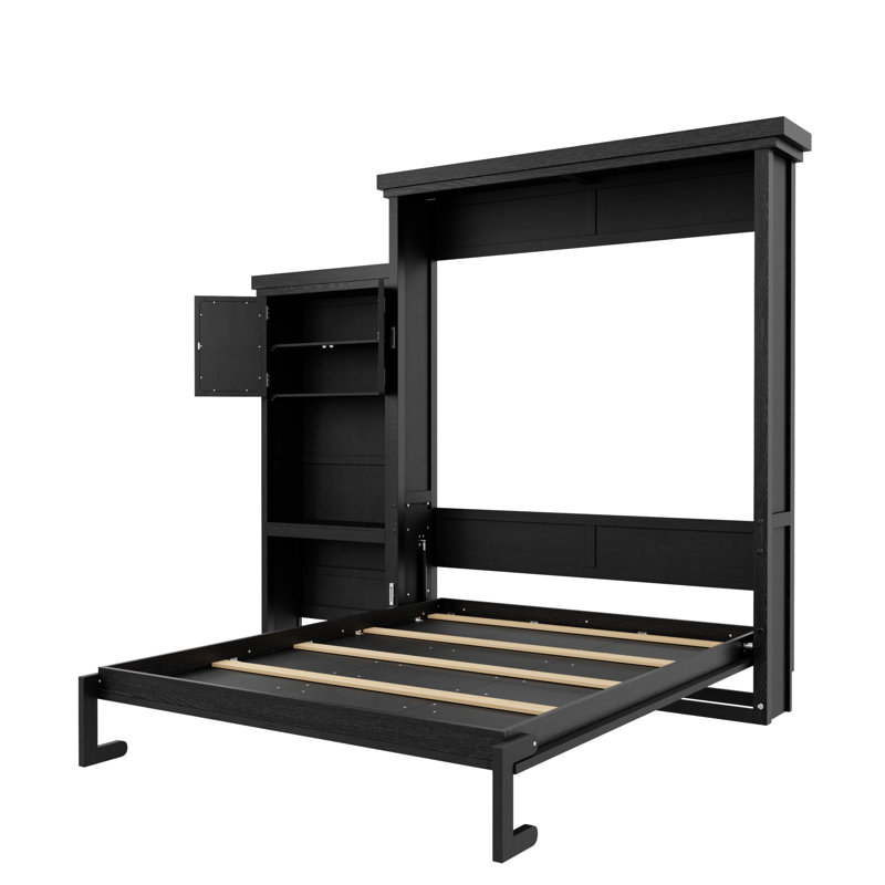 Grand lit escamotable avec tablettes de rangement, armoire murale pliante, conception à persiennes, bois de pin massif, noir