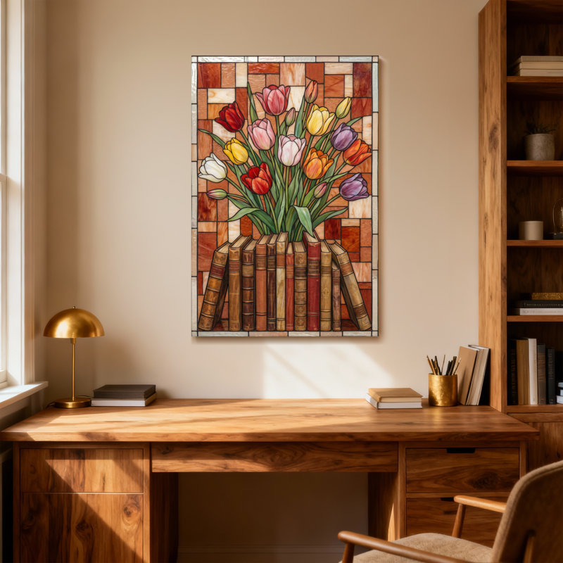 Plantes et fleurs tulipes dans un vase de livres, H 48 po x l 32 po