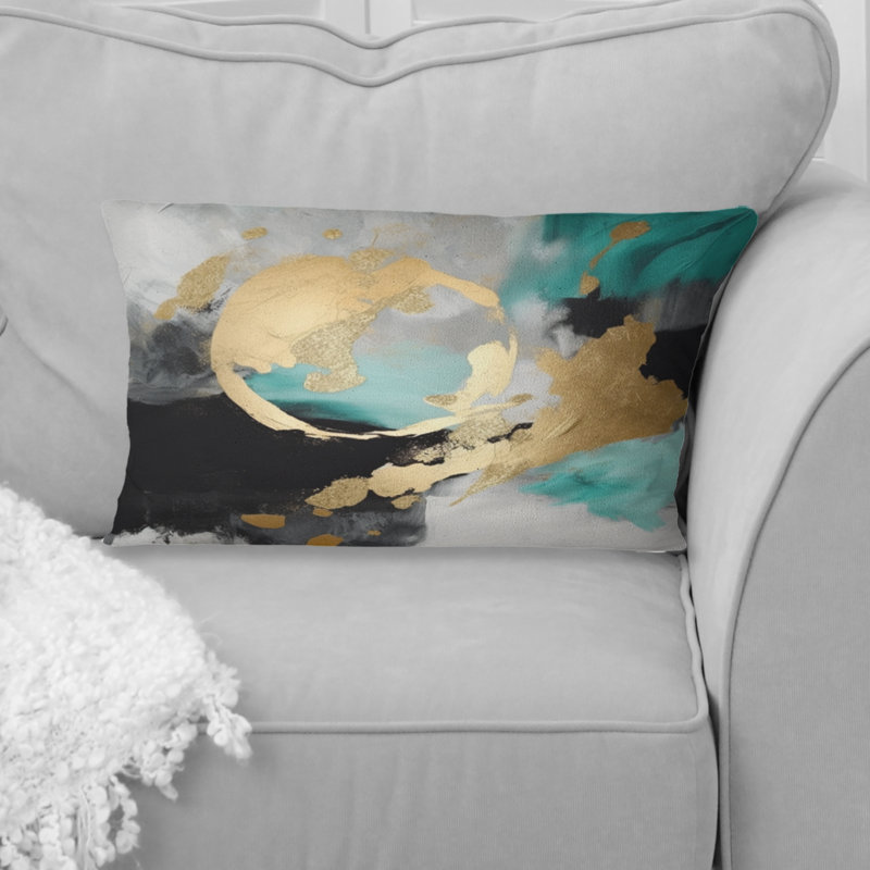Pleine lune bonheur or et turquoise abstrait V - Coussin décoratif avec peinture abstraite
