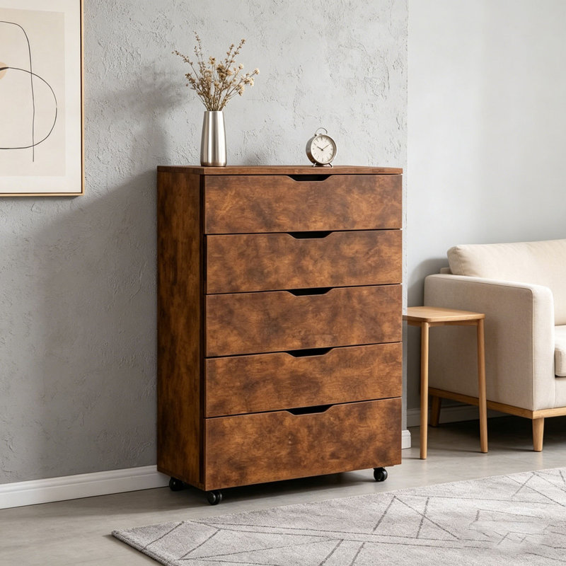 Commode mobile à 5 tiroirs avec roulettes, Brun rustique