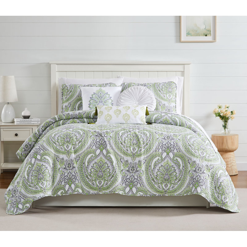 Ensemble de courtepointe 6 pièces Pure Melody, Courtepointe pour grand lit + 2 taies décoratives, Vert