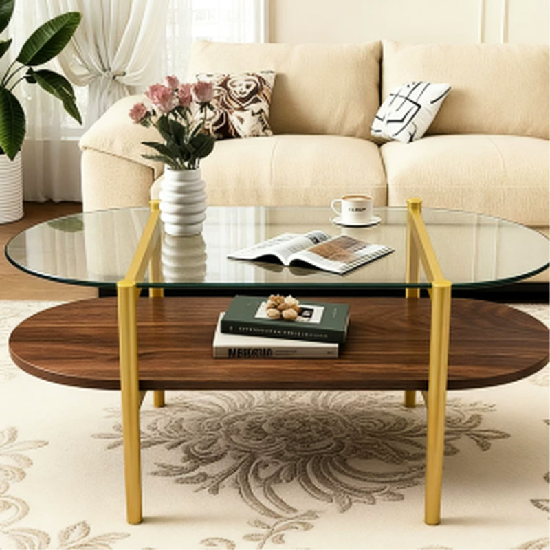 Oval Shaped Double - Layer Coffee Table, 41 Inches Long, Storage In Living Room, Transparent Glass And , Tapered Legs Contemporary Table For Structure With Storage, Brown Stability
