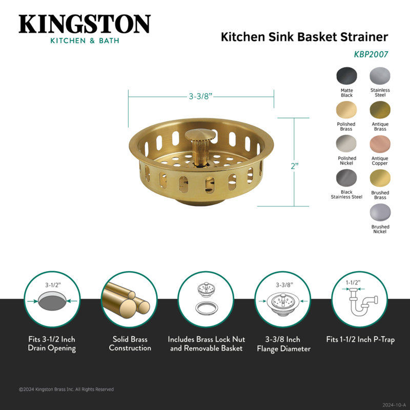 Kingston Brass Made To Match 3-1/2 Inch Kitchen Sink Basket Strainer Only, Brushed Nickel