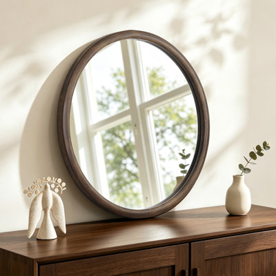 Brown Wood Frame Round Mirror for Wall Decoration